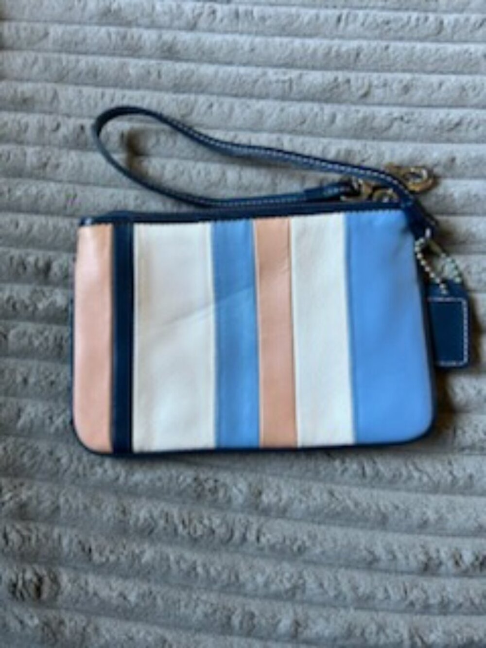 Coach Striped Leather Wristlet in Blue, White & Peach - Picture 2 of 3